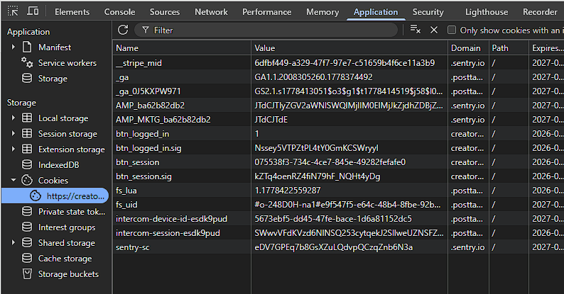Sezione Application → Cookies nel pannello sviluppatori