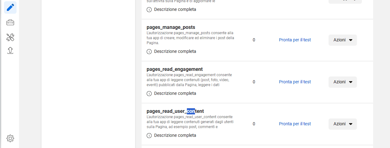 Lista permessi — pages_manage_posts e pages_read_engagement