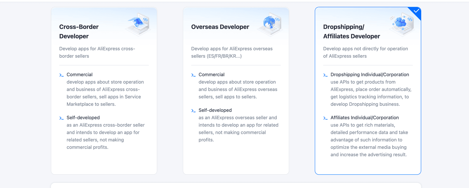 Selezione tipologia sviluppatore Dropshipping Affiliates Developer su AliExpress Open Platform