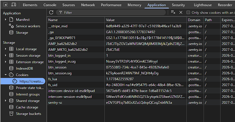 Sezione Application → Cookies nel pannello sviluppatori